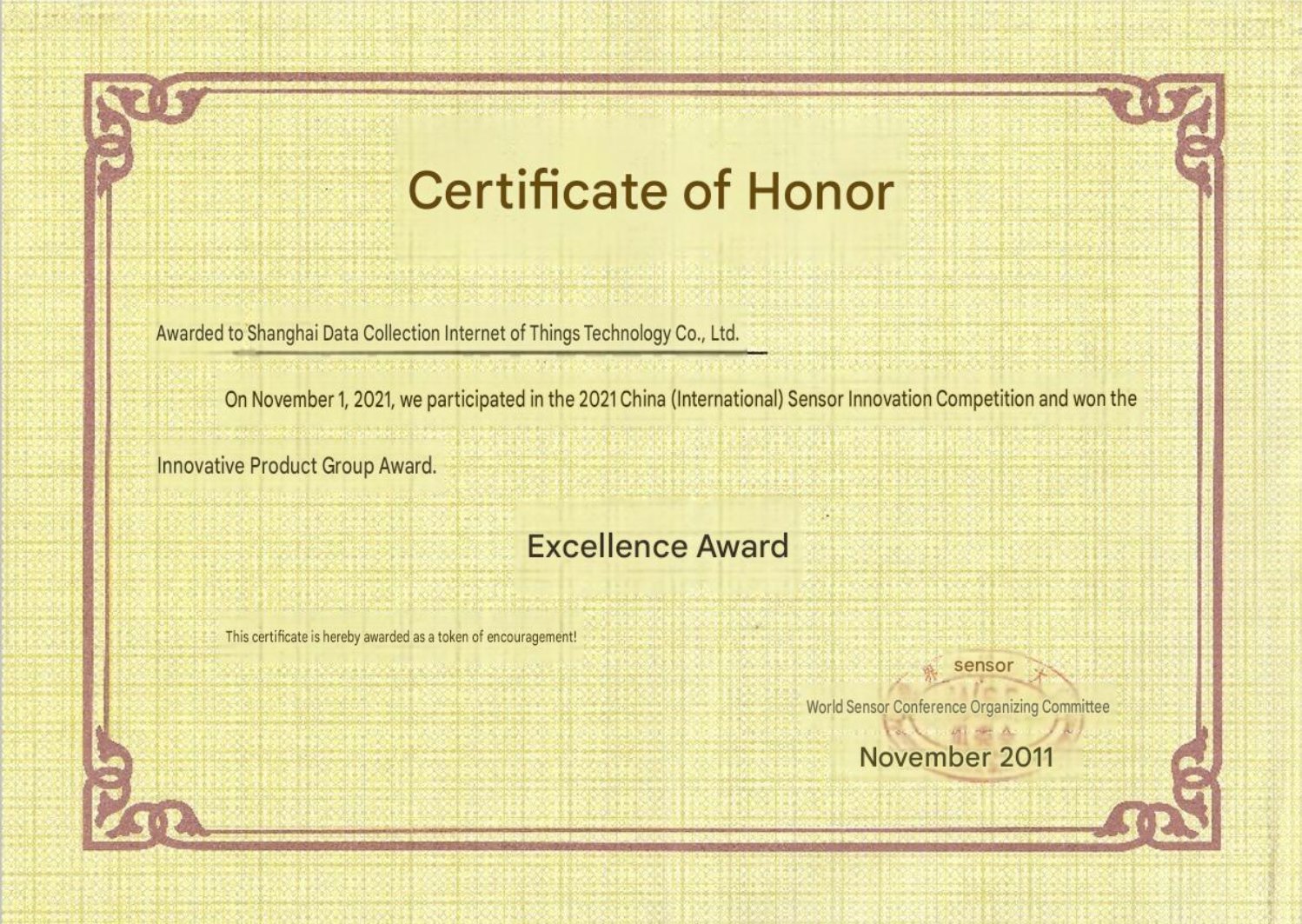 Certificate of Honor — Excellence Award, Innovation Product Group, 2021 China (International) Sensor Innovation Competition